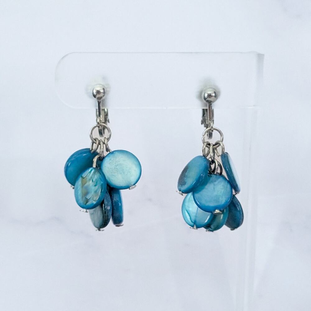 Vintage Clip On Earrings Blue Disk Dangle Statement